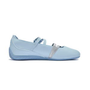 Puma Speedcat Ballet light blue silver women shoes profile view showing crossover straps.