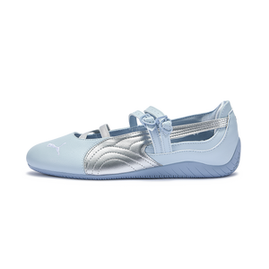 Puma Speedcat Ballet light blue silver shoes side view displaying metallic formstrip detail.