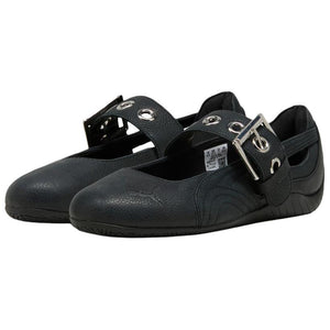 Pair of original Puma Speedcat Ballet Strap black shoes front angle view on white background.