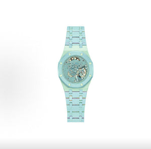 Back view of the Royal Pop Blue Acht watch showcasing the skeleton movement and internal mechanical gears through the transparent case.
