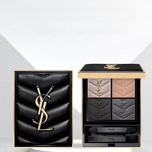 باليت ظلال عيون رباعية بشعار YSL مغلقة بجوار الباليت مفتوحة بدرجات محايدة