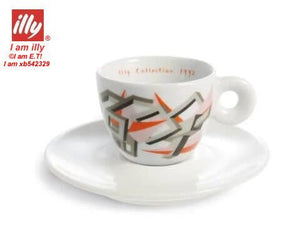 فنجان illy إصدار 1992 بتصميم هندسي تجريدي برتقالي ورمادي مع صحنه