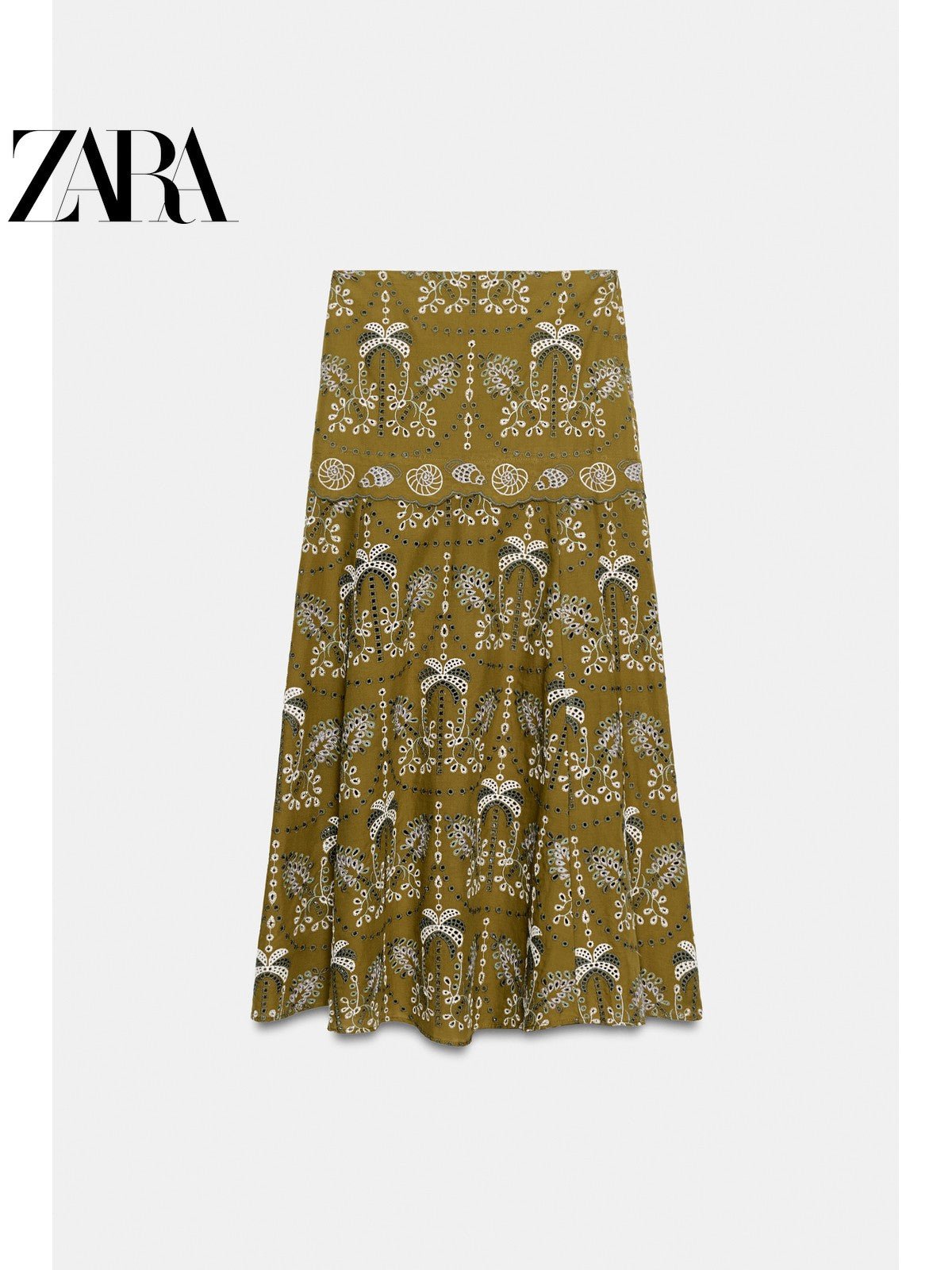 تنورة ZARA نسائية طويلة مطرزة زيتوني - رفعة
