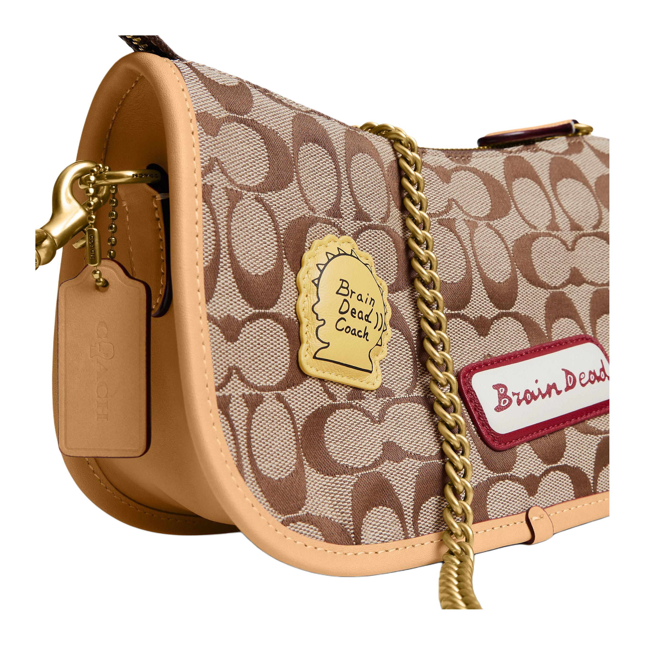 COACH x Brain Dead Collaboration Waverly 24 Brass Metal Hardware Fabric Cowhide Leather Crossbody Shoulder Bag Small Women's Khaki