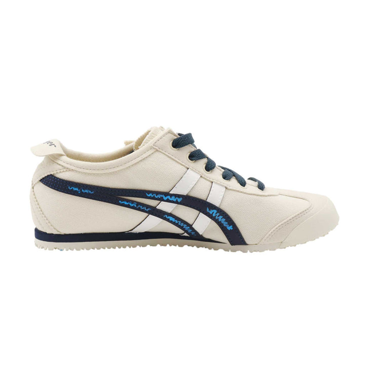 حذاء Onitsuka Tiger MEXICO 66 بيج للجنسين بتصميم قماشي مريح وأنيق بخطوط جانبية كحلية<nav.