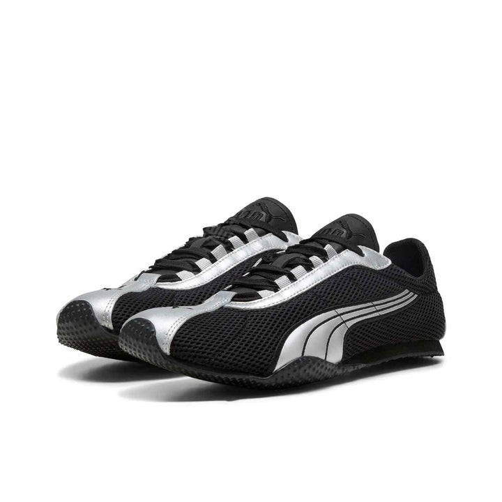Puma Speedcat OG black and silver sneakers with suede and mesh upper, low-profile sole, and metallic side logo.