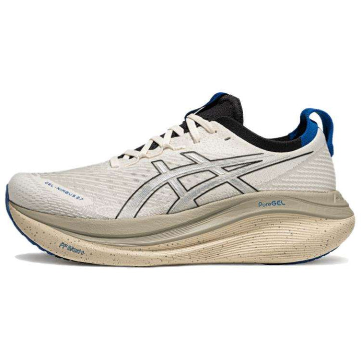 حذاء ASICS GEL-NIMBUS 27 فضي رمادي مريح للركض والمشي بنعل يمتص الصدمات وشبكة علوية خفيفة تهوية مثالية