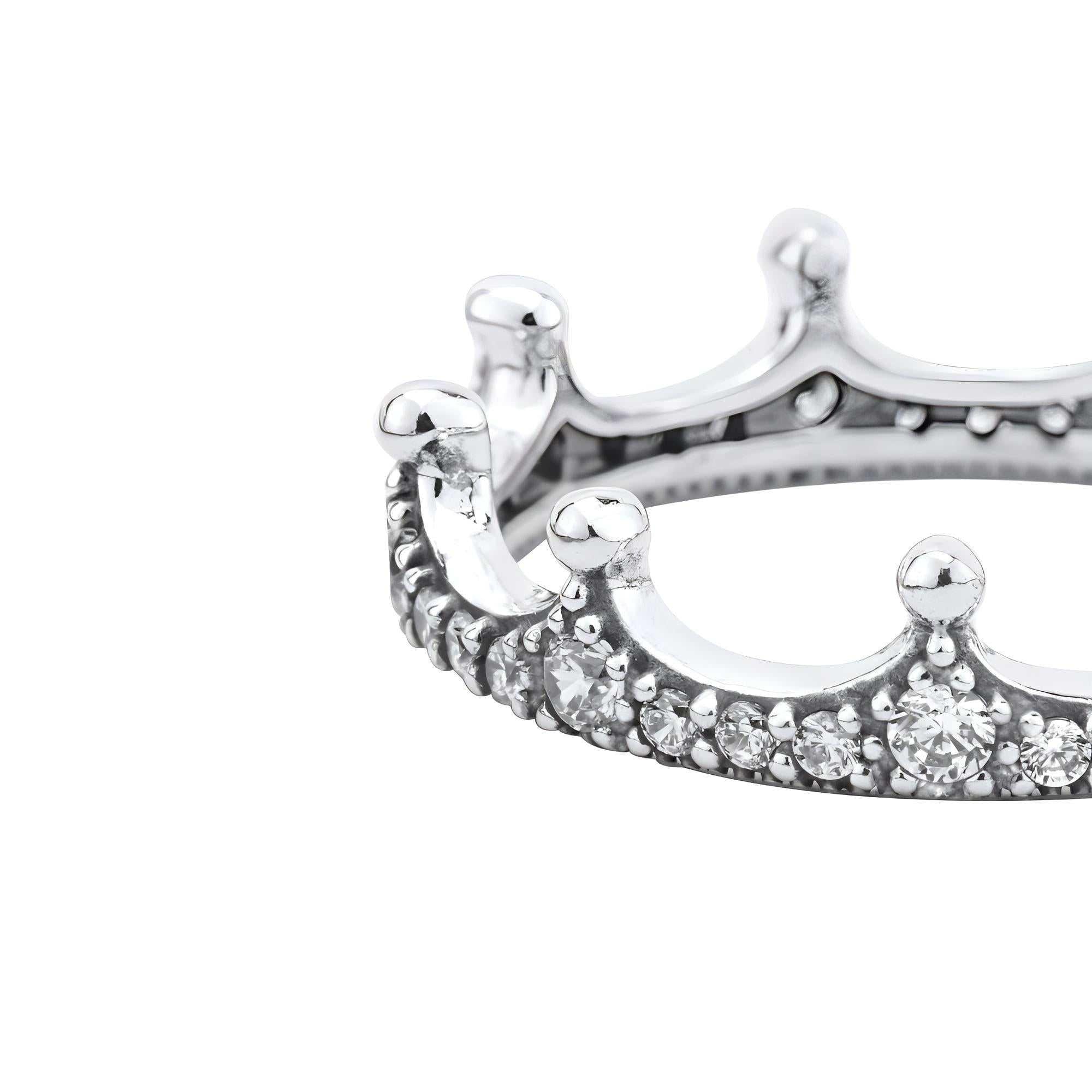 Pandora خاتم ملكي فاخر بتصميم تاج من فضة 925 مع أحجار لامعة.