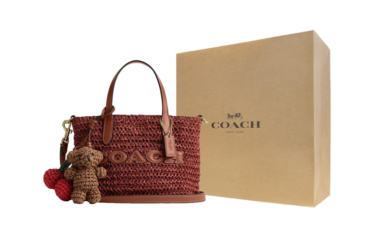 COACH City 15 Brand Logo Detachable Shoulder Strap Straw Textured Calfskin Tote Tote Mini Women's Straw Color Combination Reddish