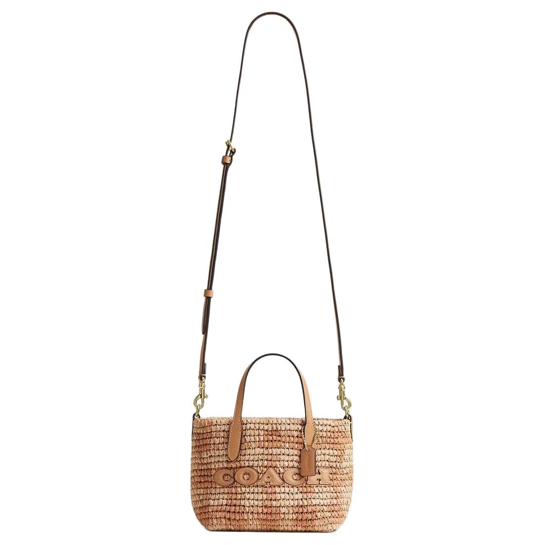 COACH 15 Brand Logo Straw Tote Handbag Mini Women's Yellowish Brown