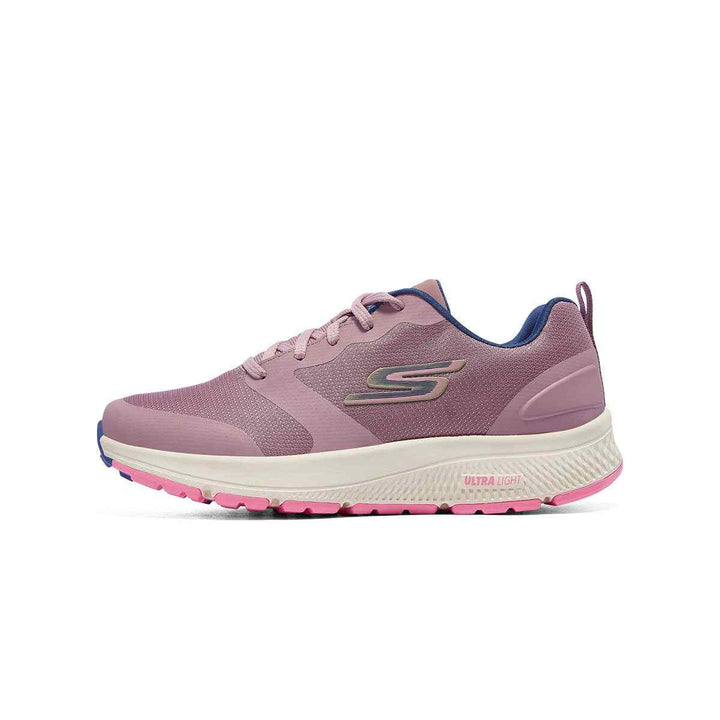 Skechers women's athletic shoe in pink with synthetic material and rubber sole.