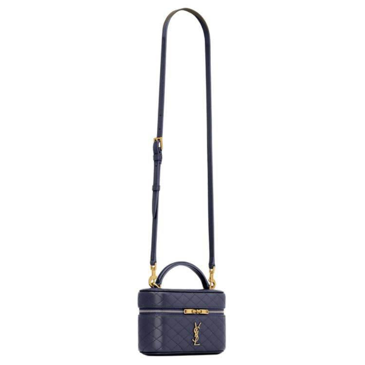 SAINT LAURENT Blue حقيبة مستحضرات تجميل جلد ماعز فاخرة ومبطنة | أصلي.