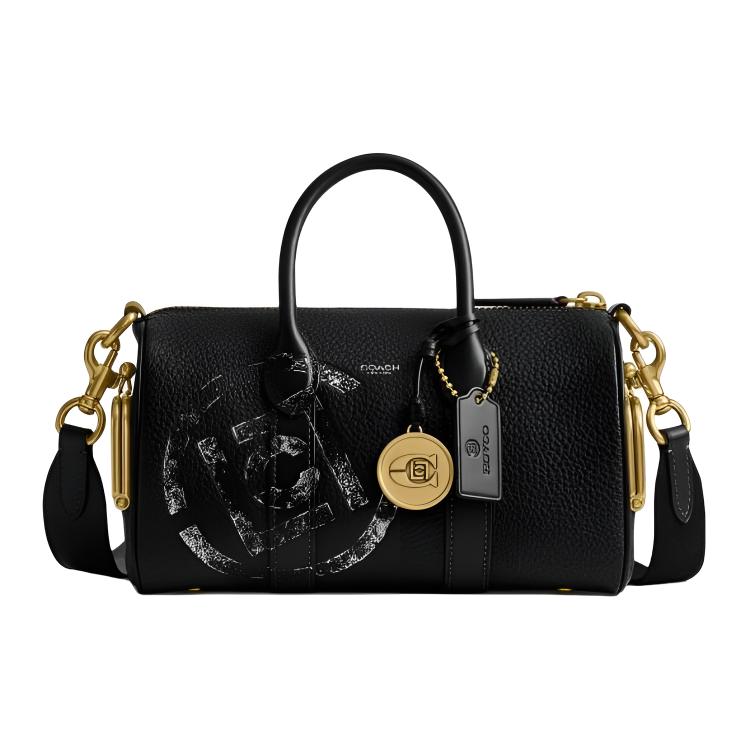 COACH x CLOT Collaboration COMPASS 25 Printed Design Zipper Closure Leather Handbag Medium Women's Mixed Black