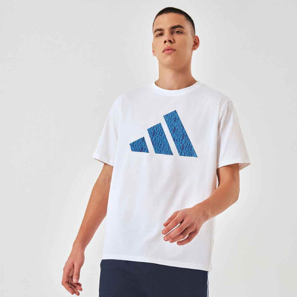 adidas men's summer short sleeve crew neck t-shirt in white with blue logo.