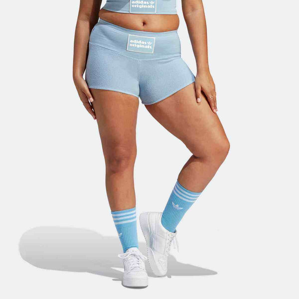 adidas Clover velvet women's running shorts, blue gym leggings, mid-rise fitness fashion.