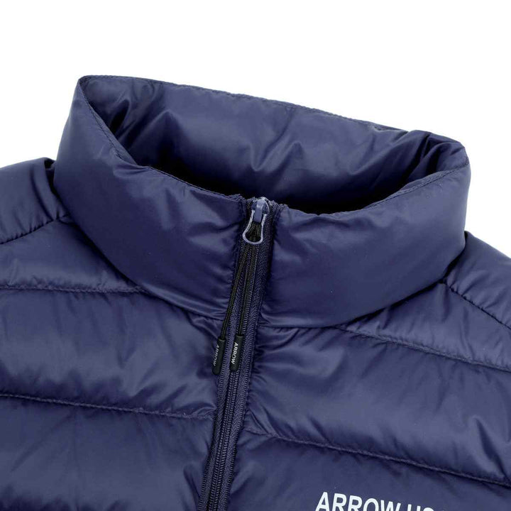 Navy blue sleeveless padded jacket from Arrow USA 1851, featuring a modern design and side pockets for convenience.