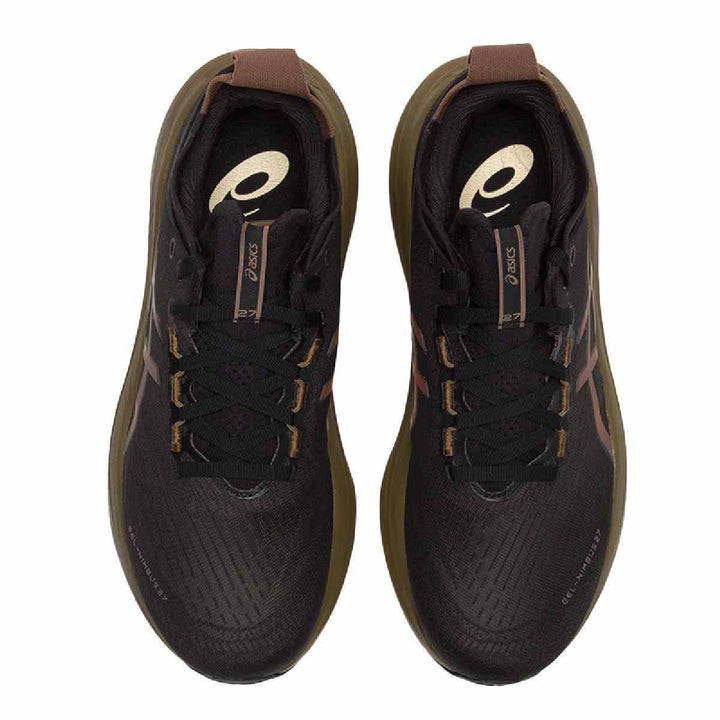 ASICS Gel-Nimbus 27 black running shoes with bronze accents, designed for comfort and performance.