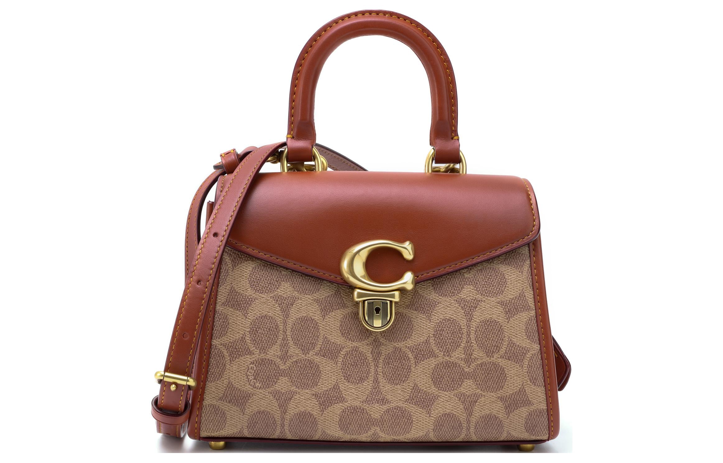 حقيبة يد Coach بتصميم Signature وقفل حرف C مميز - لون بني