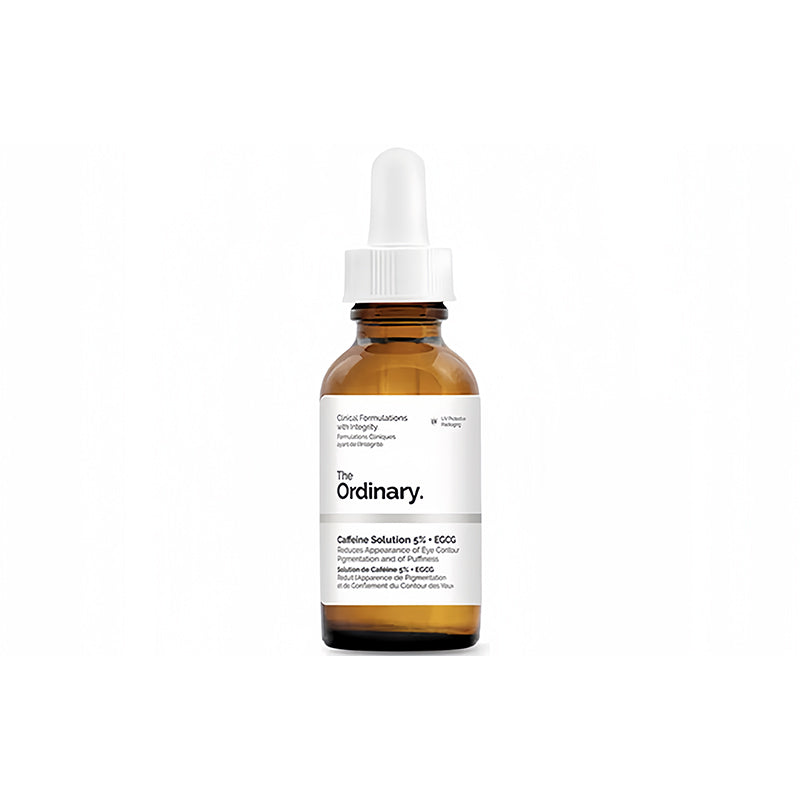 واجهة عبوة سيروم تحت العين بالكافيين بشعار The Ordinary وملصقها المطبوع