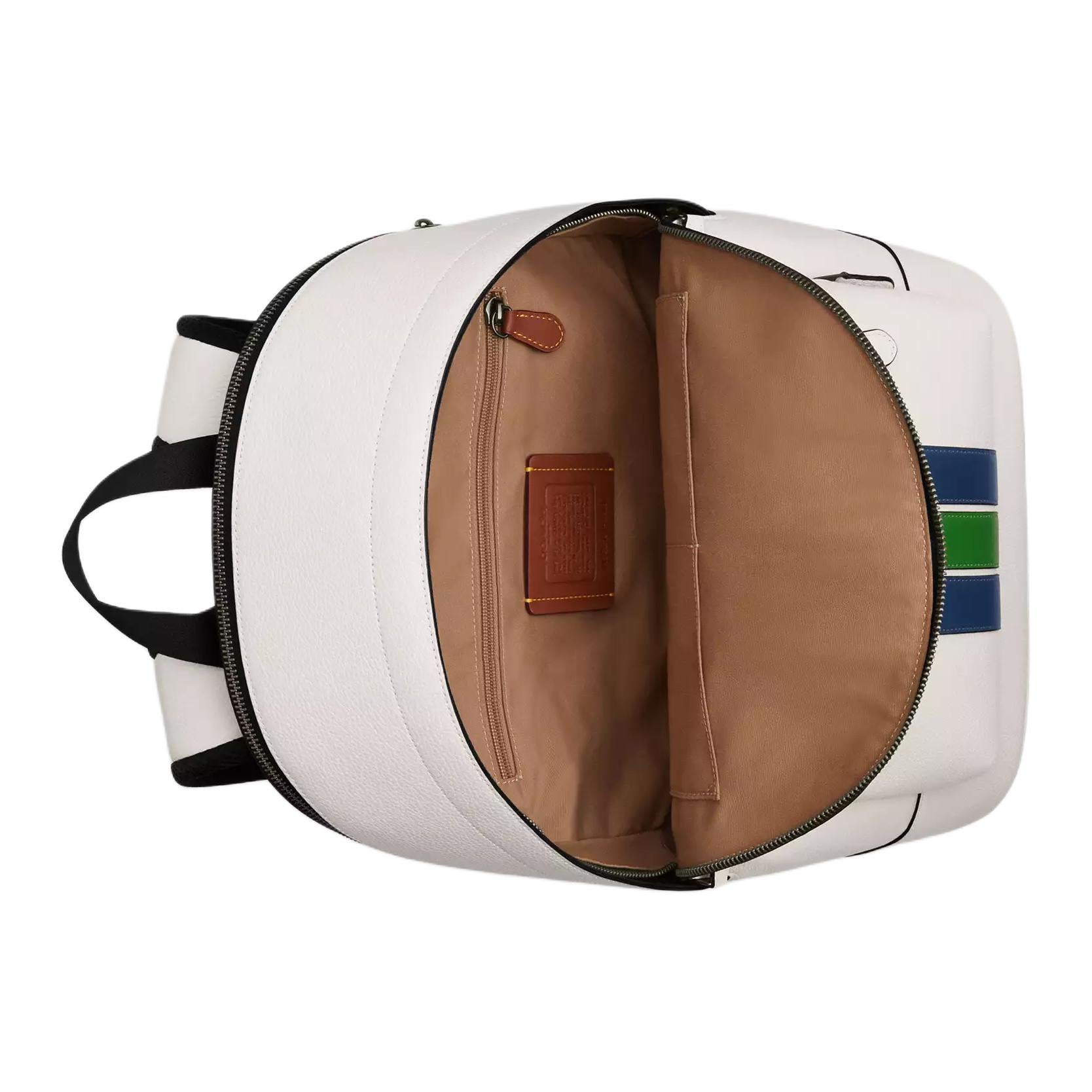 COACH West 32 striped design leather backpack, large size men's chalk white mixed colors