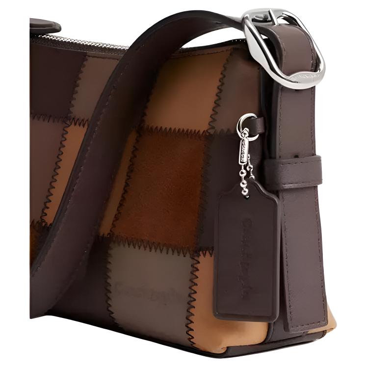 COACH 24 Brand Logo Checkerboard Color Block Design Leather Single Shoulder Bag Medium Women's Tea Color