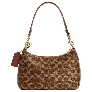 COACH Teri 25 Zipper Closure Beaded Satin Leather Single Shoulder Bag Medium Size Women's Brown