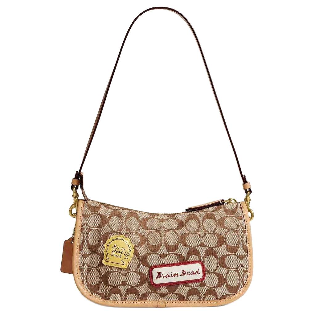 COACH x Brain Dead Collaboration Waverly 24 Brass Metal Hardware Fabric Cowhide Leather Crossbody Shoulder Bag Small Women's Khaki