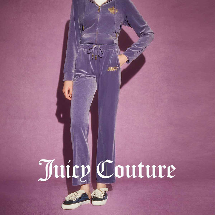 Juicy Couture purple velvet pants with "JUICY" embroidery, luxury and elegant style.