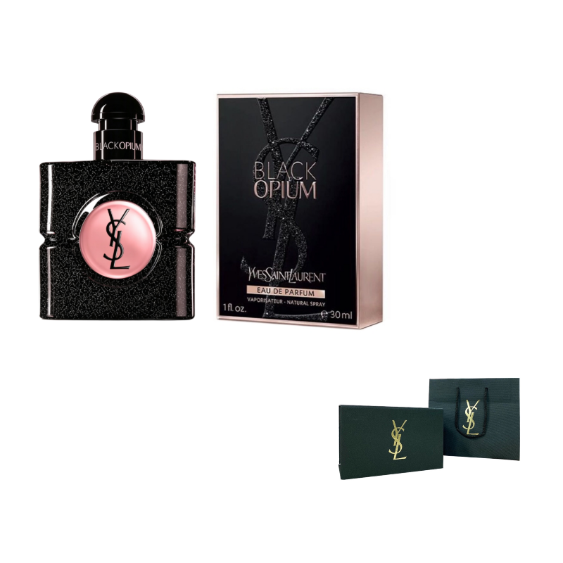 عطر بلاك اوبيوم مع علبتين خضراوين من زاوية أخرى