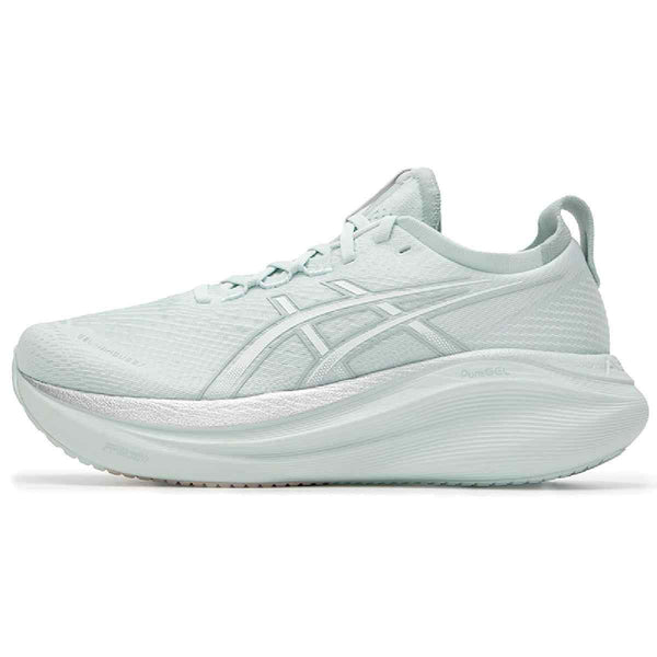 Light green Asics Gel-Nimbus 27 running shoe with a sleek design and advanced cushioning for optimal comfort and support.