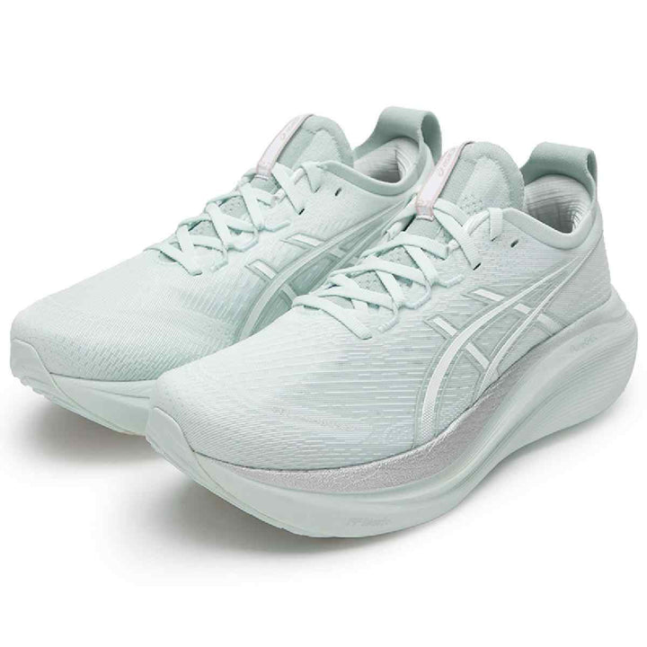 Light green Asics Gel-Nimbus 27 running shoes with cushioning and eco-friendly design.