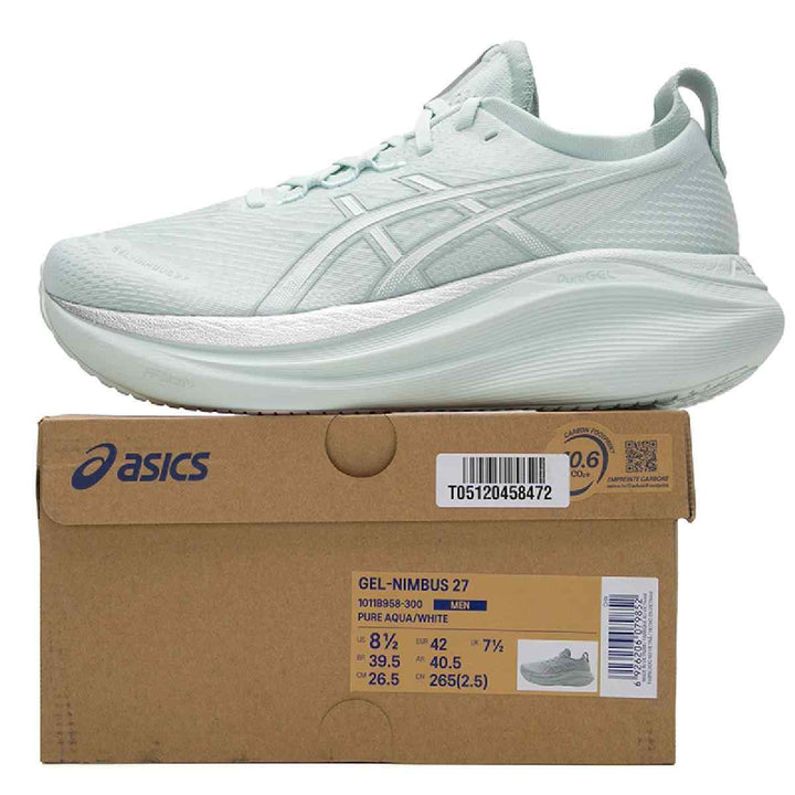 ASICS Gel-Nimbus 27 lightweight running shoe in light green with cushioning technology.