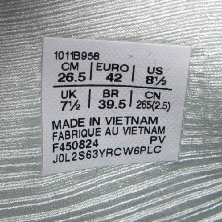 Size label on the Asics Gel-Nimbus 27 running shoe showing multiple size conversions.