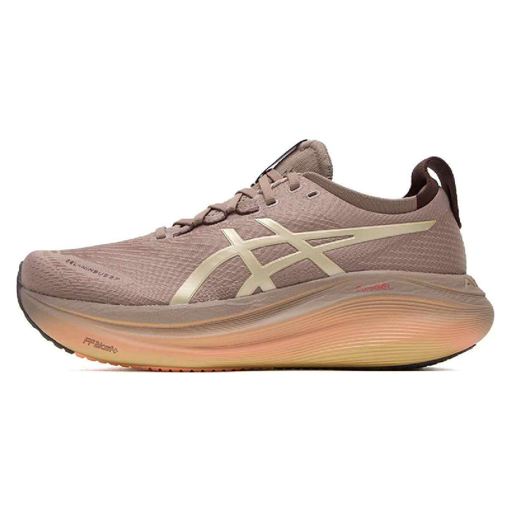 ASICS GEL-NIMBUS 27 Luxe pink running shoe with cushioned sole and reflective details.