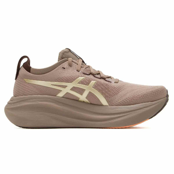 ASICS GEL-NIMBUS 27 running shoe in beige with a jacquard mesh upper for advanced ventilation.