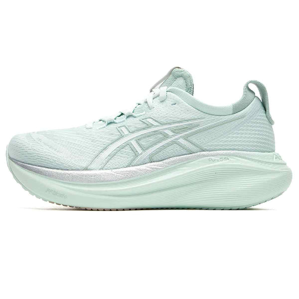 Light green ASICS Gel-Nimbus 27 running shoe with innovative cushioning and eco-friendly materials.