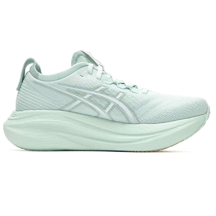 ASICS Gel-Nimbus 27 in light green with silver accents, featuring PureGEL™ cushioning and FF Blast™+ technology.