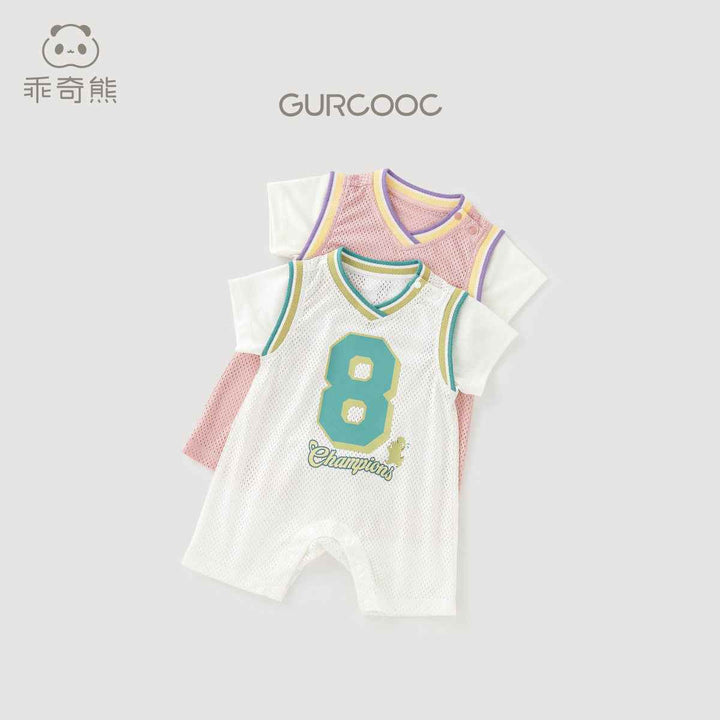 Moisture absorbing baby short-sleeved onesies, breathable basketball design, summer outing clothes.