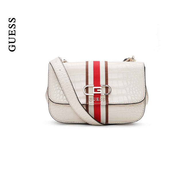 GUESS Nelka Crossbody Flap bag in stone color with adjustable strap and visible logo.