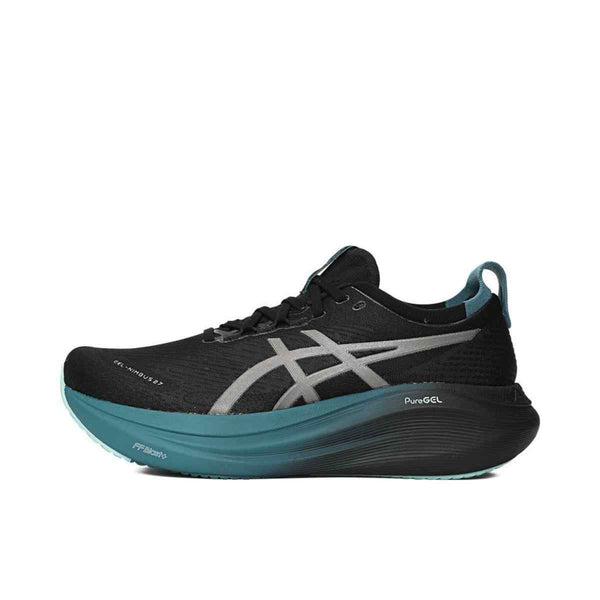 ASICS Gel-Nimbus 27 running shoe in black with advanced PureGEL and FF Blast+ technology for comfort and support.