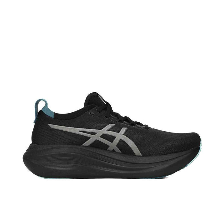 ASICS Gel-Nimbus 27, performance running shoe in sleek black, featuring PureGEL™ and FF Blast™+ cushioning for comfort and support.