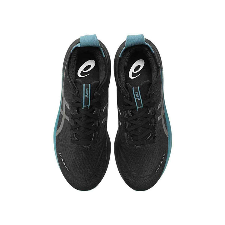 ASICS Gel-Nimbus 27 black sneakers top view with advanced cushioning and breathable mesh.