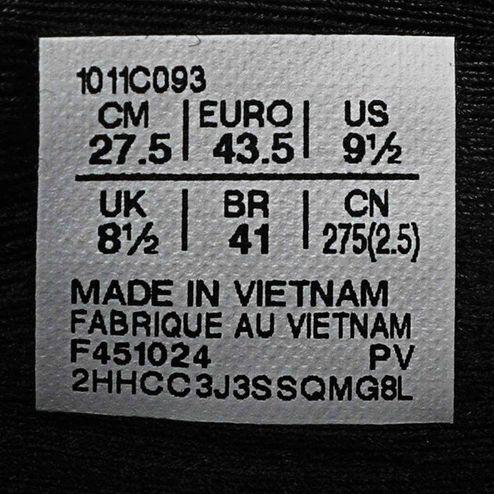 Size label for ASICS Gel-Nimbus 27, showing measurements in CM, EURO, US, UK, BR, and CN, marked "Made in Vietnam".