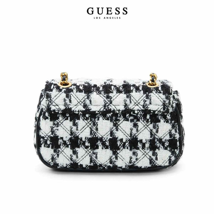 Guess crossbody bag with black and white checkered design, elegant and stylish for women.