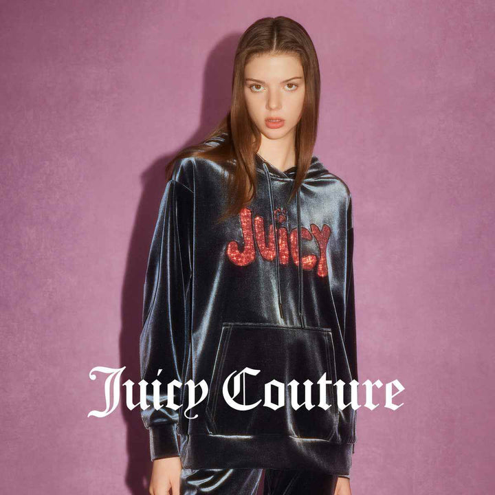 Juicy Couture black velvet hoodie with red sequin Juicy graphic.