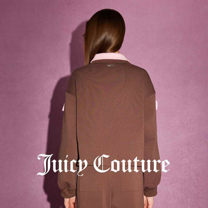 Juicy Couture brown and pink sporty blouse with polo collar and long sleeves.