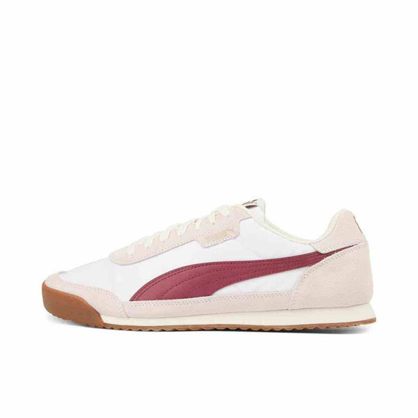 Puma retro classic shoe in white with maroon logo and beige suede accents.