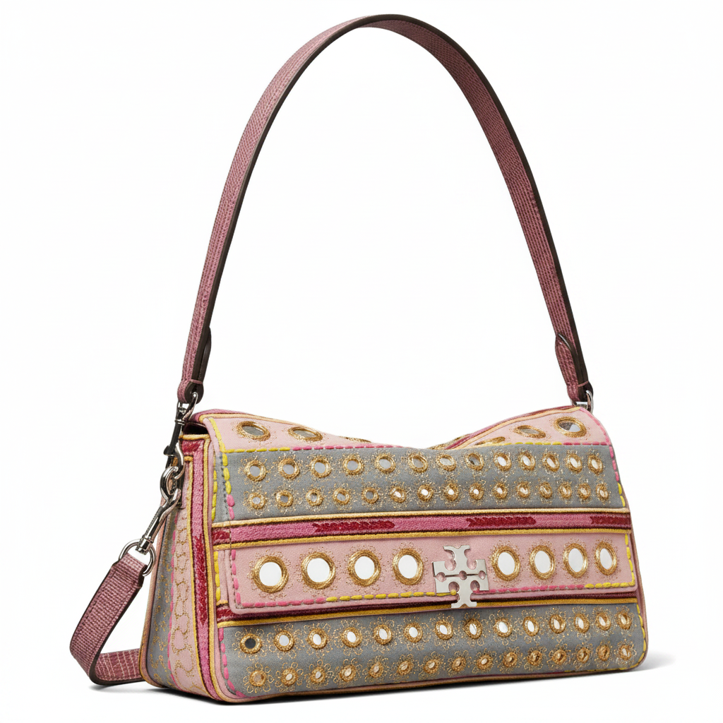 TORY BURCH Charlie brand logo, hand-embroidered craftsmanship, cotton crossbody shoulder bag, small size, women's style, pink patchwork gray