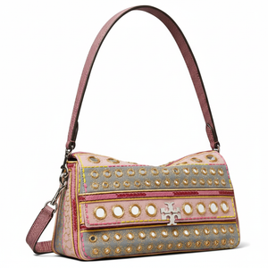 TORY BURCH Charlie brand logo, hand-embroidered craftsmanship, cotton crossbody shoulder bag, small size, women's style, pink patchwork gray