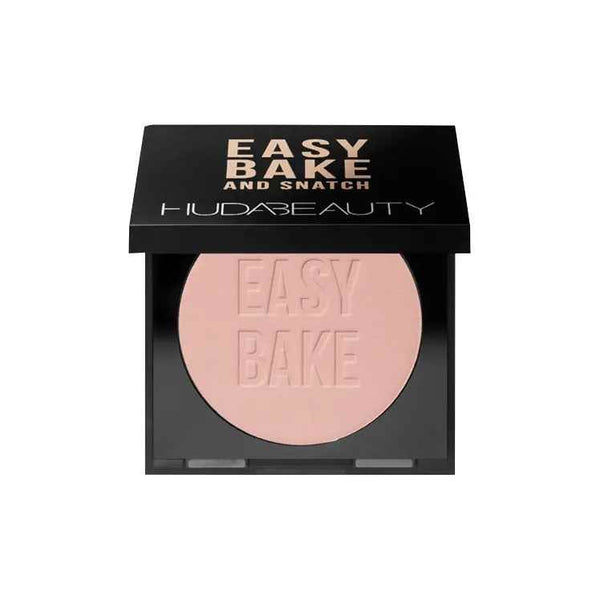 Huda Beauty Easy Bake and Snatch pressed powder in a black compact with embossed powder surface